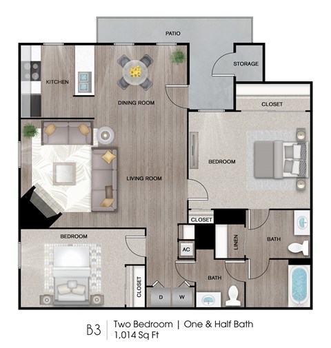 Floor plan for 2 beds, 1.5 baths, 1014 sqft